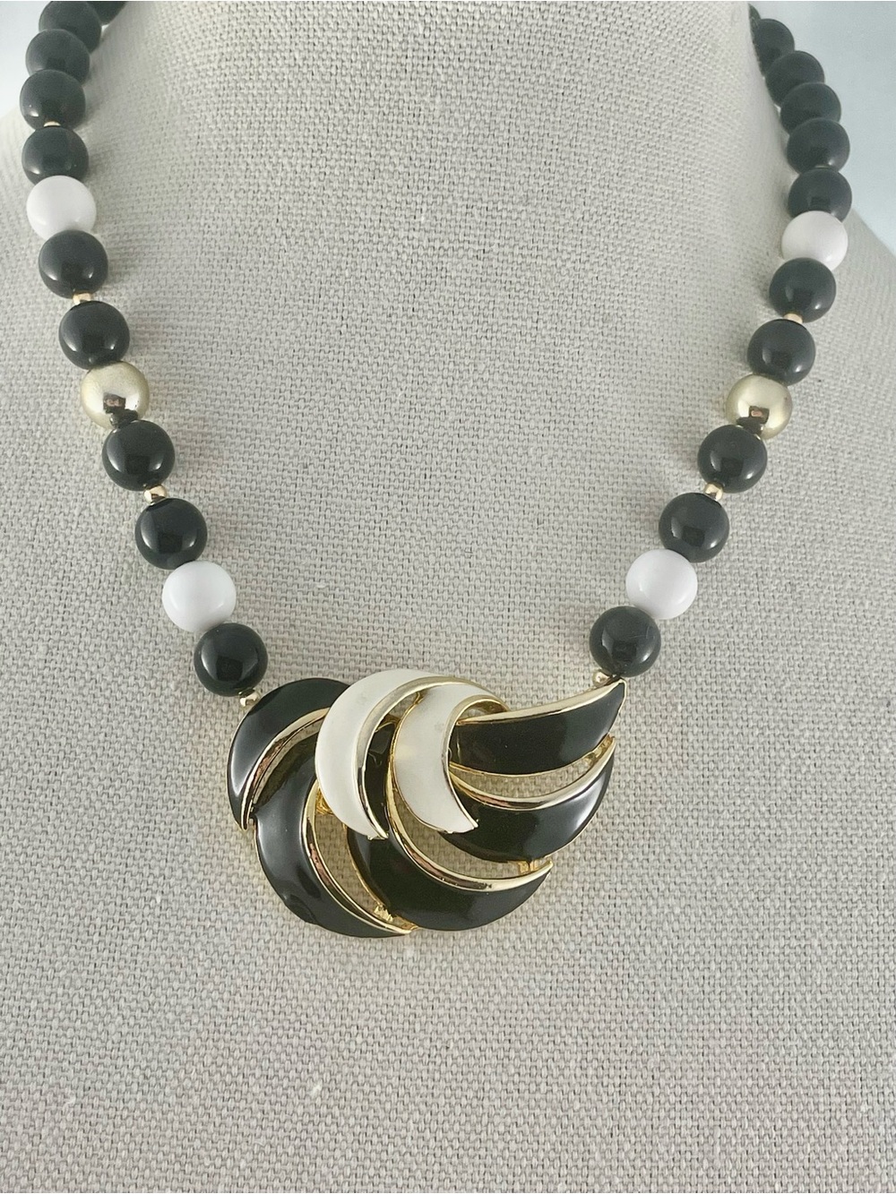 Gold-Tone Black & White Beaded Necklace with Swirl Pendant